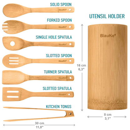 8-Piece Premium Bamboo Kitchen Utensil Set with Holder